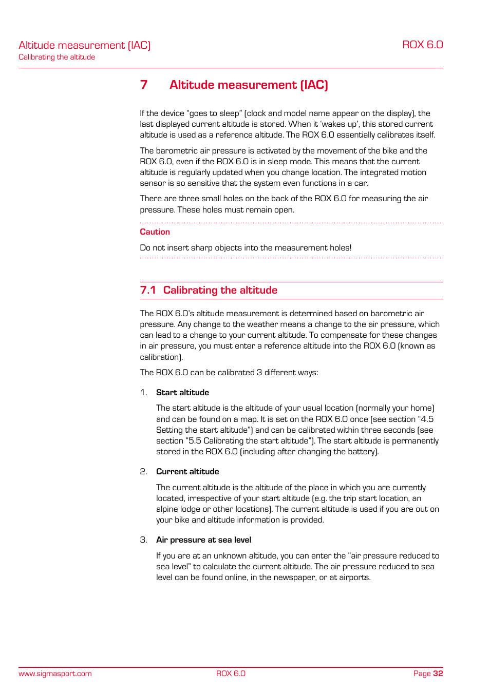 7altitude measurement (iac), Rox 6.0, Altitude measurement (iac) | 1 calibrating the altitude | SIGMA ROX 6.0 CAD User Manual | Page 32 / 42
