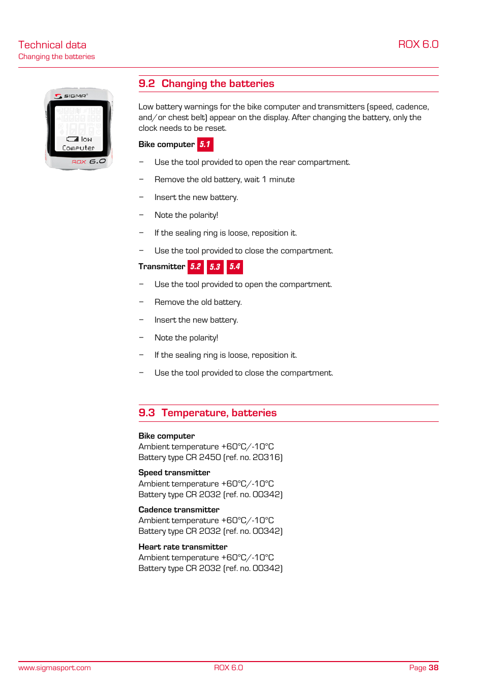 Rox 6.0, Technical data 9.2 changing the batteries, 3 temperature, batteries | SIGMA ROX 6.0 CAD User Manual | Page 38 / 42