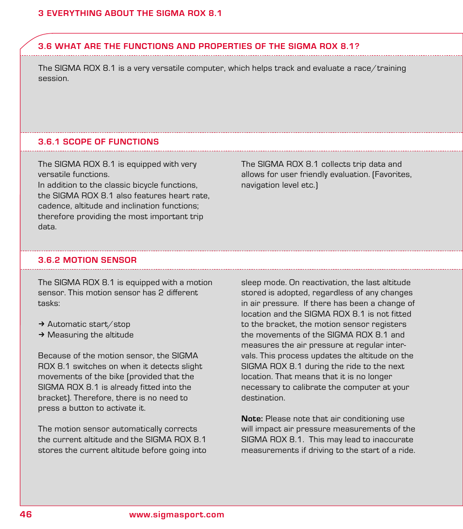 SIGMA ROX 8.1 User Manual | Page 46 / 172