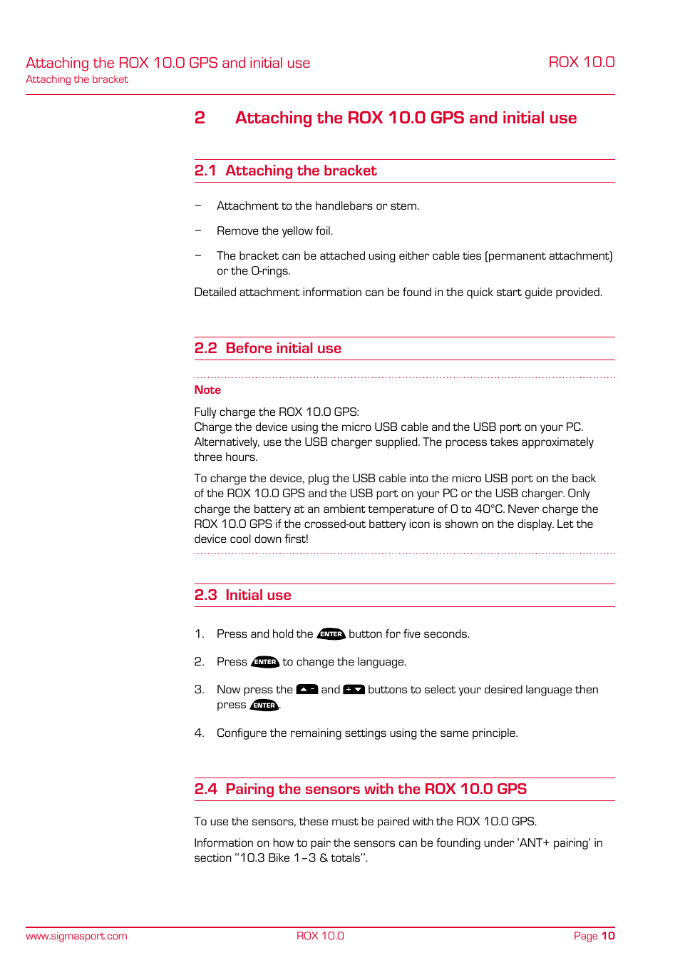 2attaching the rox 10.0 gps and initial use, Attaching the rox 10.0 gps and initial use, Rox 10.0 | 1 attaching the bracket, 2 before initial use, 3 initial use, 4 pairing the sensors with the rox 10.0 gps | SIGMA ROX 10.0 GPS User Manual | Page 10 / 60