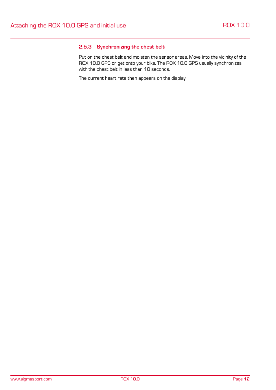 Attaching the rox 10.0 gps and initial use, Rox 10.0 | SIGMA ROX 10.0 GPS User Manual | Page 12 / 60