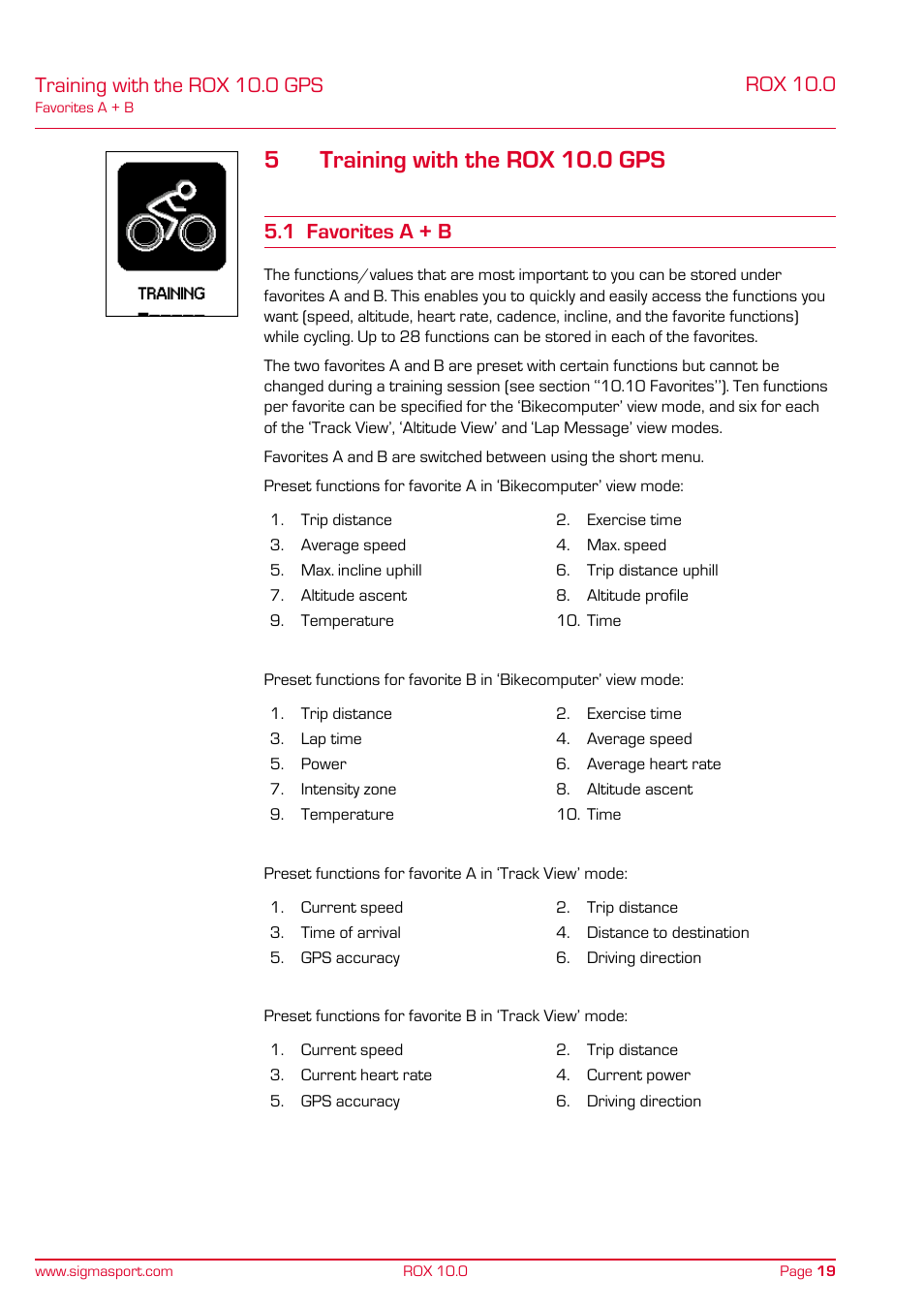 5training with the rox 10.0 gps, Training with the rox 10.0 gps, Rox 10.0 | 1 favorites a + b | SIGMA ROX 10.0 GPS User Manual | Page 19 / 60