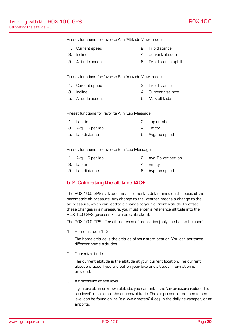 Training with the rox 10.0 gps, Rox 10.0, 2 calibrating the altitude iac | SIGMA ROX 10.0 GPS User Manual | Page 20 / 60