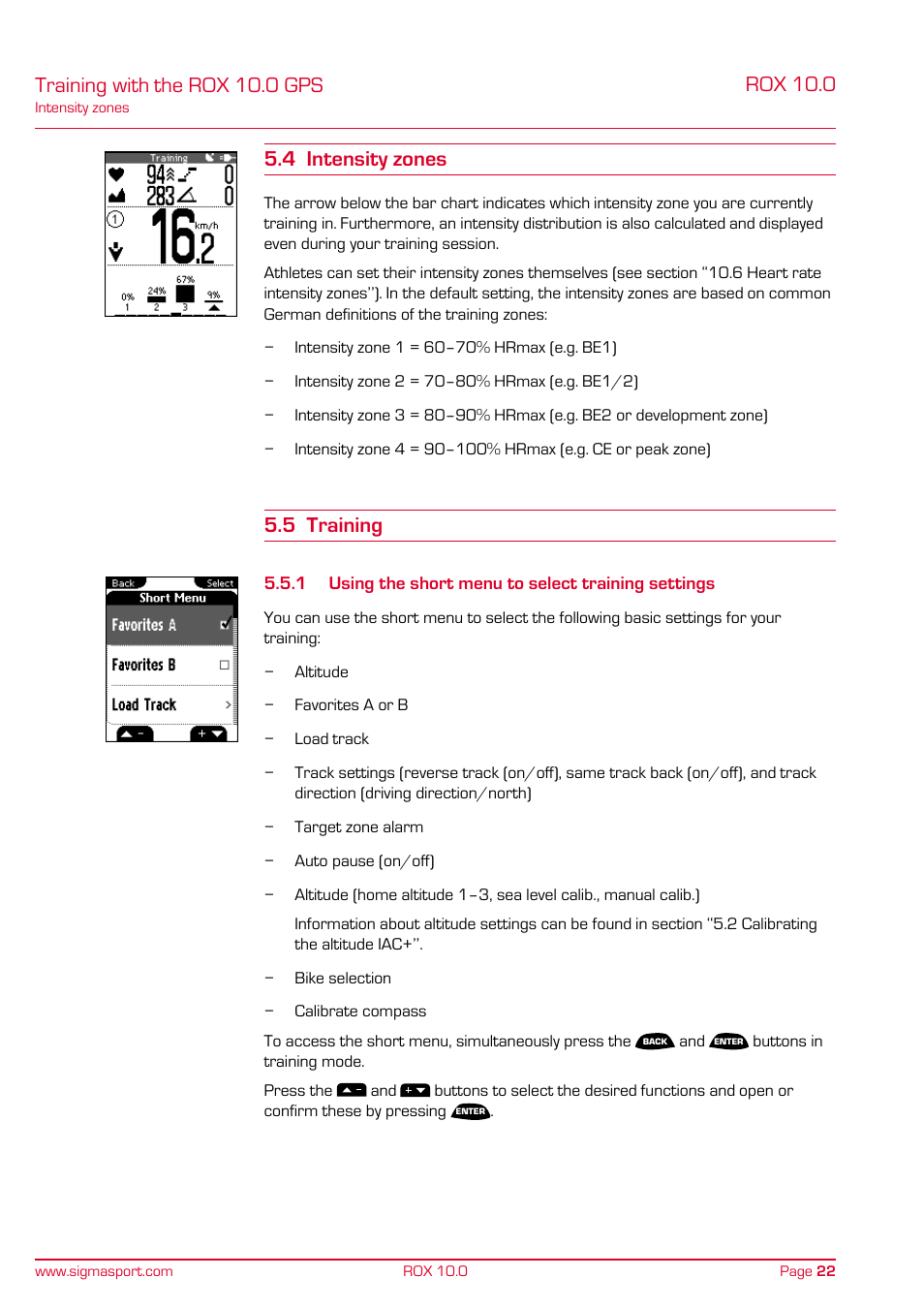 Training with the rox 10.0 gps, 5 training | SIGMA ROX 10.0 GPS User Manual | Page 22 / 60