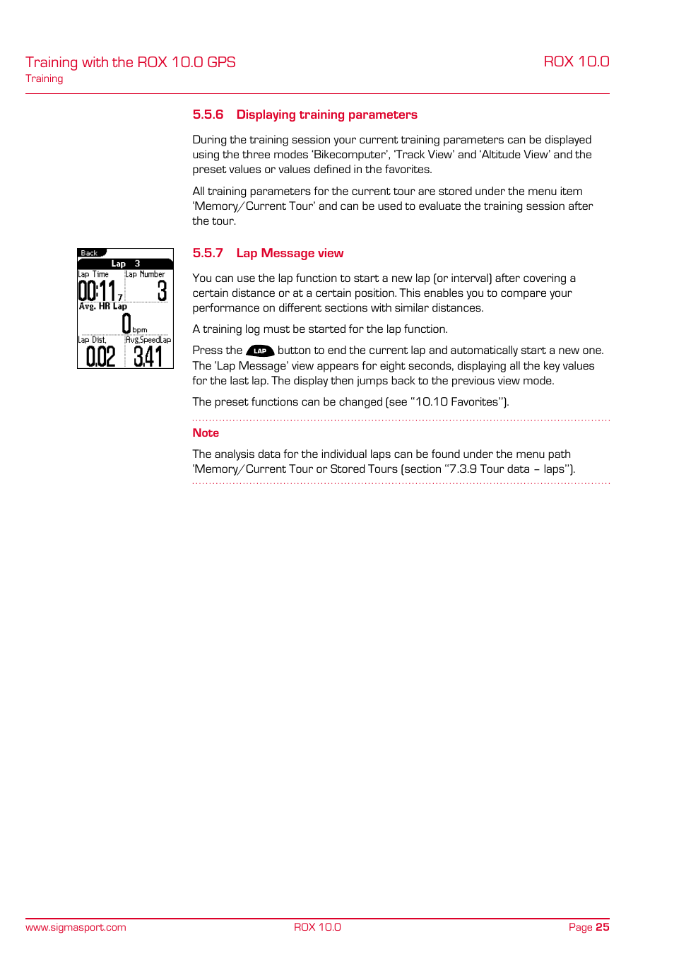 Training with the rox 10.0 gps, Rox 10.0 | SIGMA ROX 10.0 GPS User Manual | Page 25 / 60