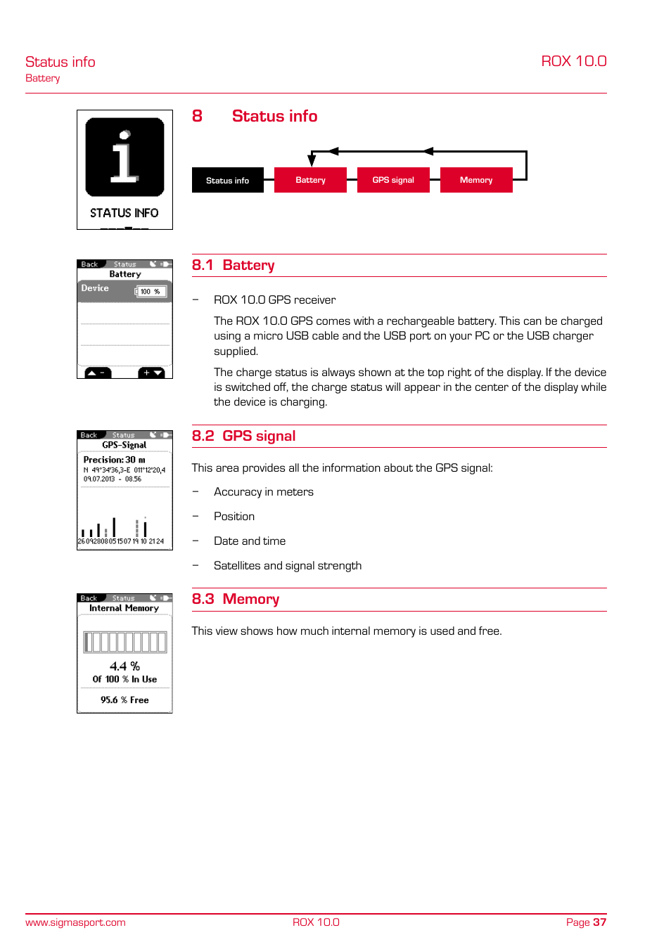 8status info, Status info, Rox 10.0 | 1 battery, 2 gps signal | SIGMA ROX 10.0 GPS User Manual | Page 37 / 60