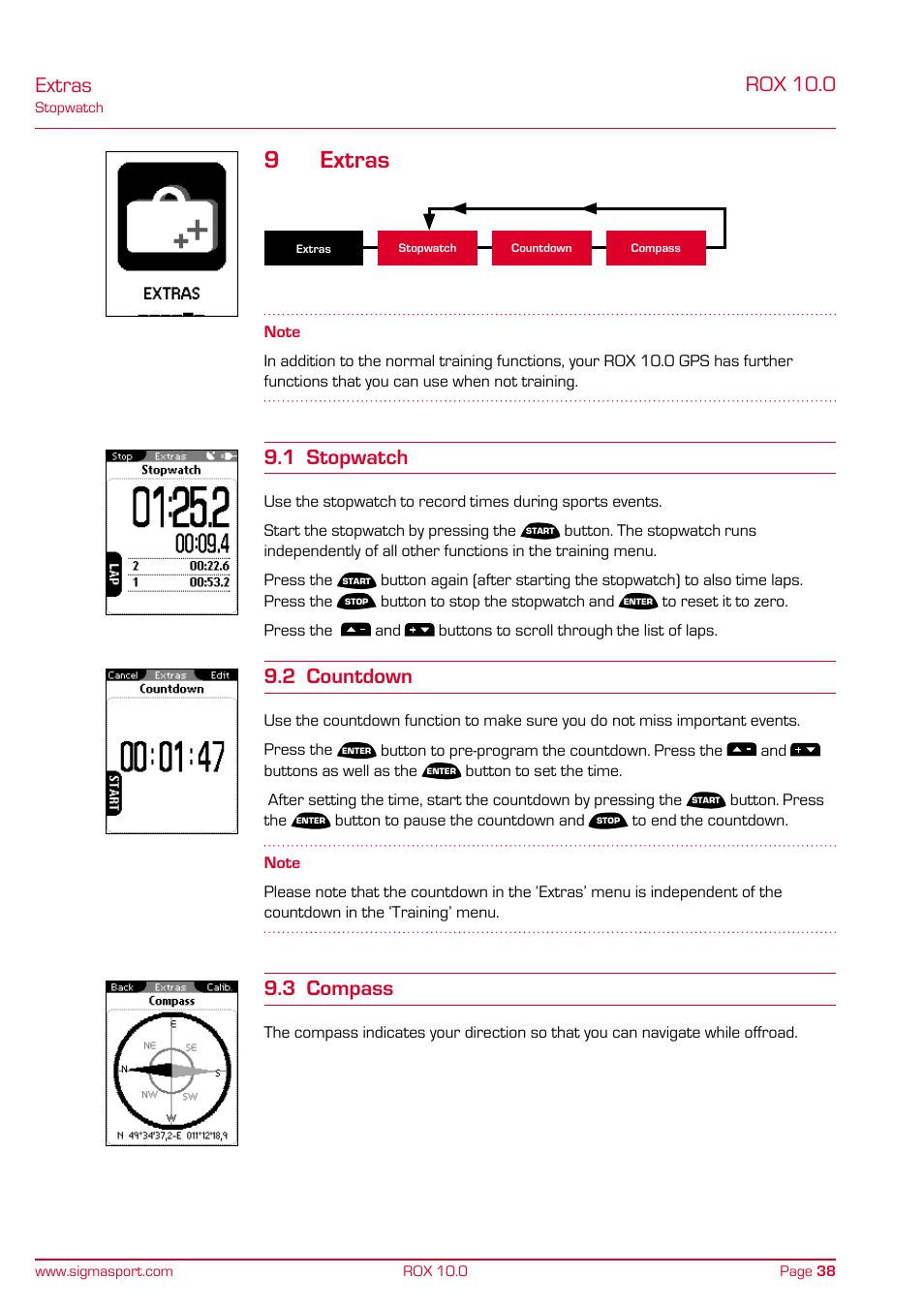 9extras, Extras, Rox 10.0 | 1 stopwatch, 2 countdown, 3 compass | SIGMA ROX 10.0 GPS User Manual | Page 38 / 60