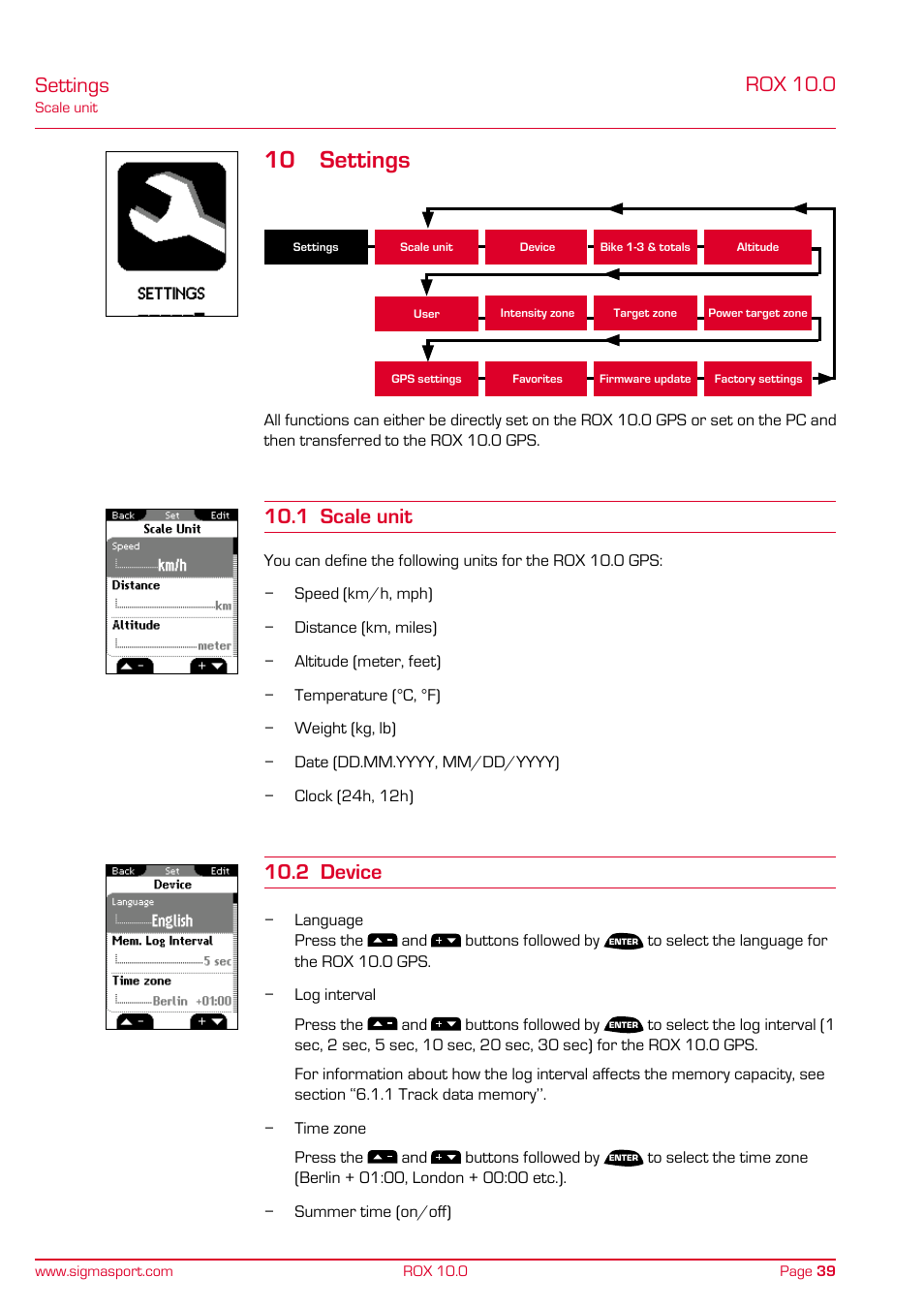 10 settings, Settings, Rox 10.0 | 1 scale unit, 2 device | SIGMA ROX 10.0 GPS User Manual | Page 39 / 60