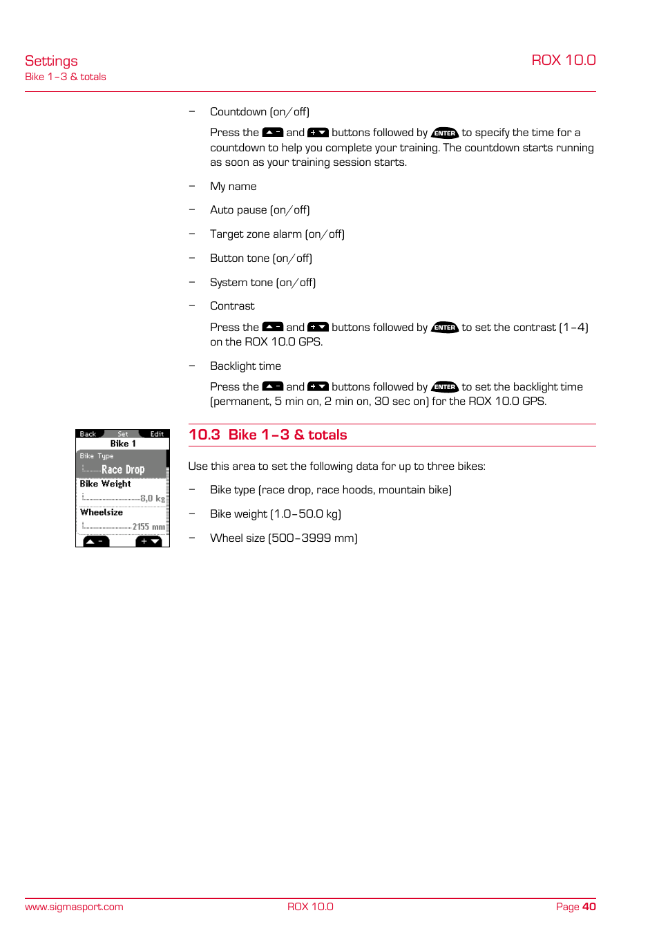 Settings, Rox 10.0, 3 bike 1–3 & totals | SIGMA ROX 10.0 GPS User Manual | Page 40 / 60