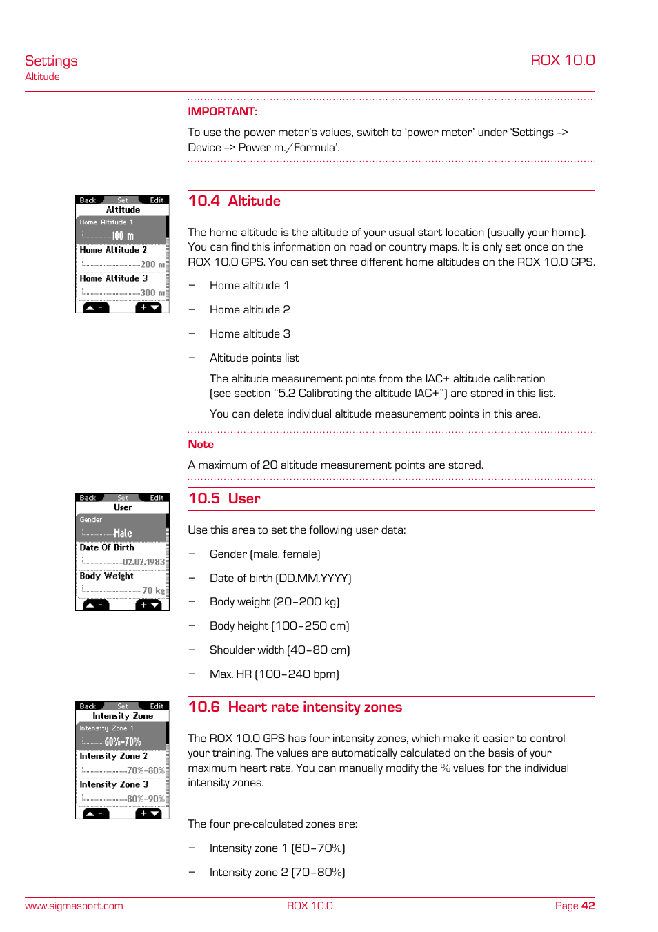Settings, Rox 10.0, 4 altitude | 5 user, 6 heart rate intensity zones | SIGMA ROX 10.0 GPS User Manual | Page 42 / 60