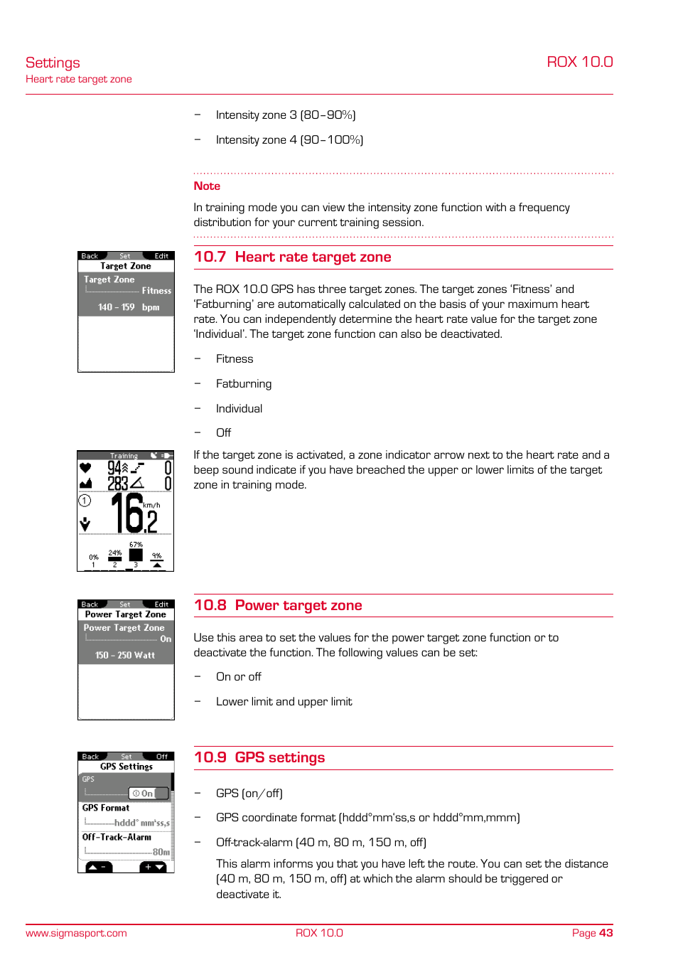 Settings, Rox 10.0, 7 heart rate target zone | 8 power target zone, 9 gps settings | SIGMA ROX 10.0 GPS User Manual | Page 43 / 60