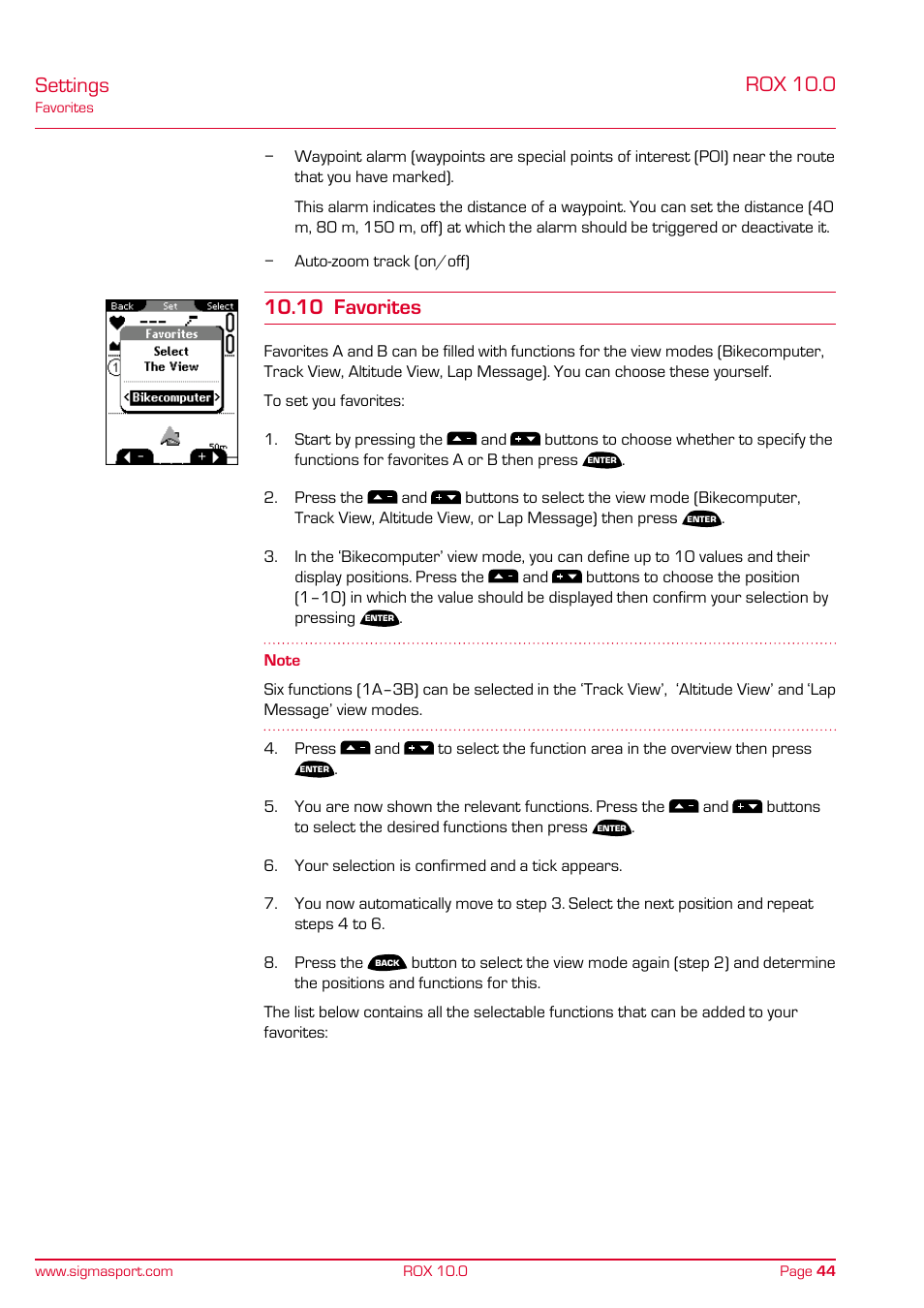 Settings, Rox 10.0, 10 favorites | SIGMA ROX 10.0 GPS User Manual | Page 44 / 60