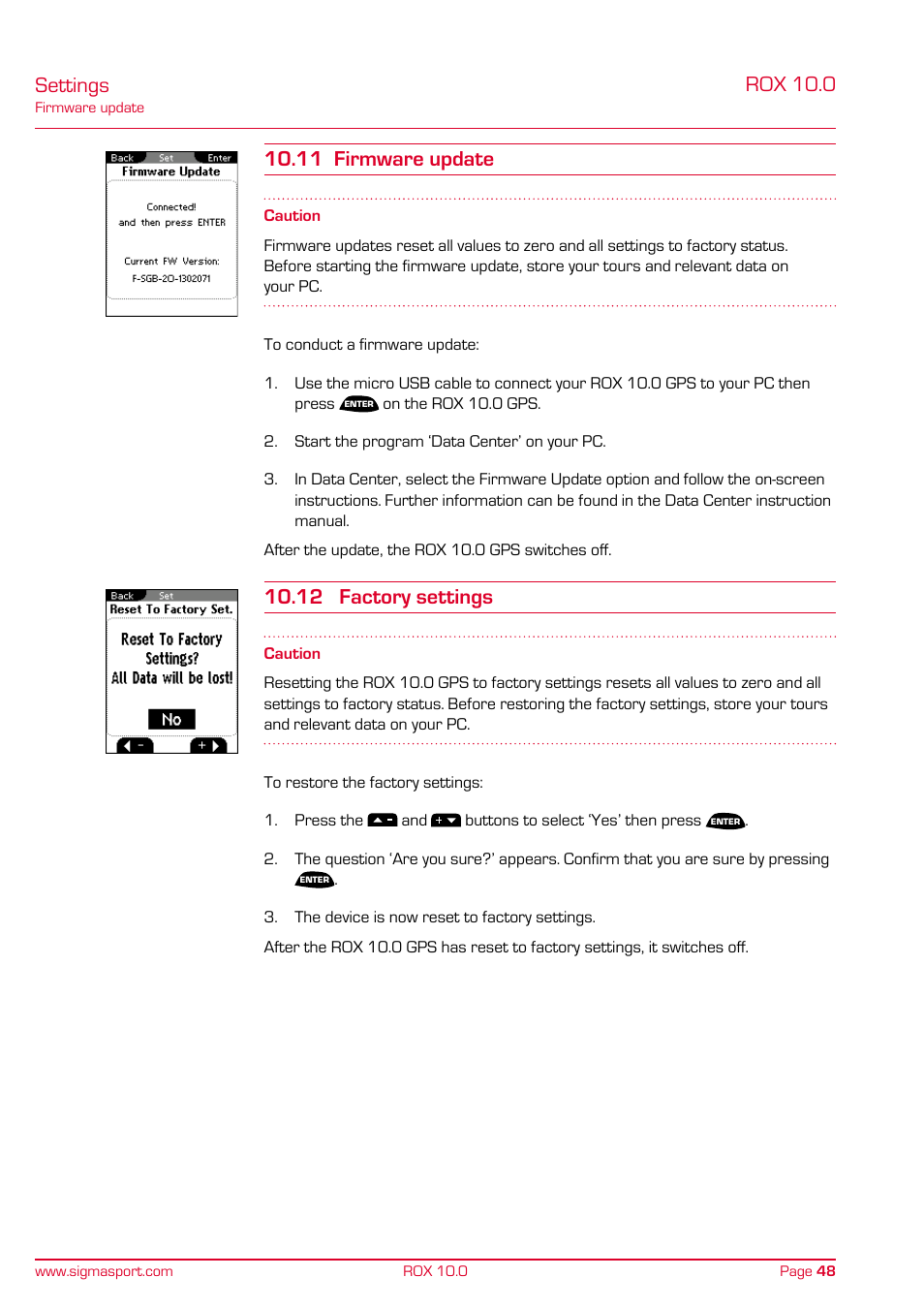 Settings, 12 factory settings | SIGMA ROX 10.0 GPS User Manual | Page 48 / 60