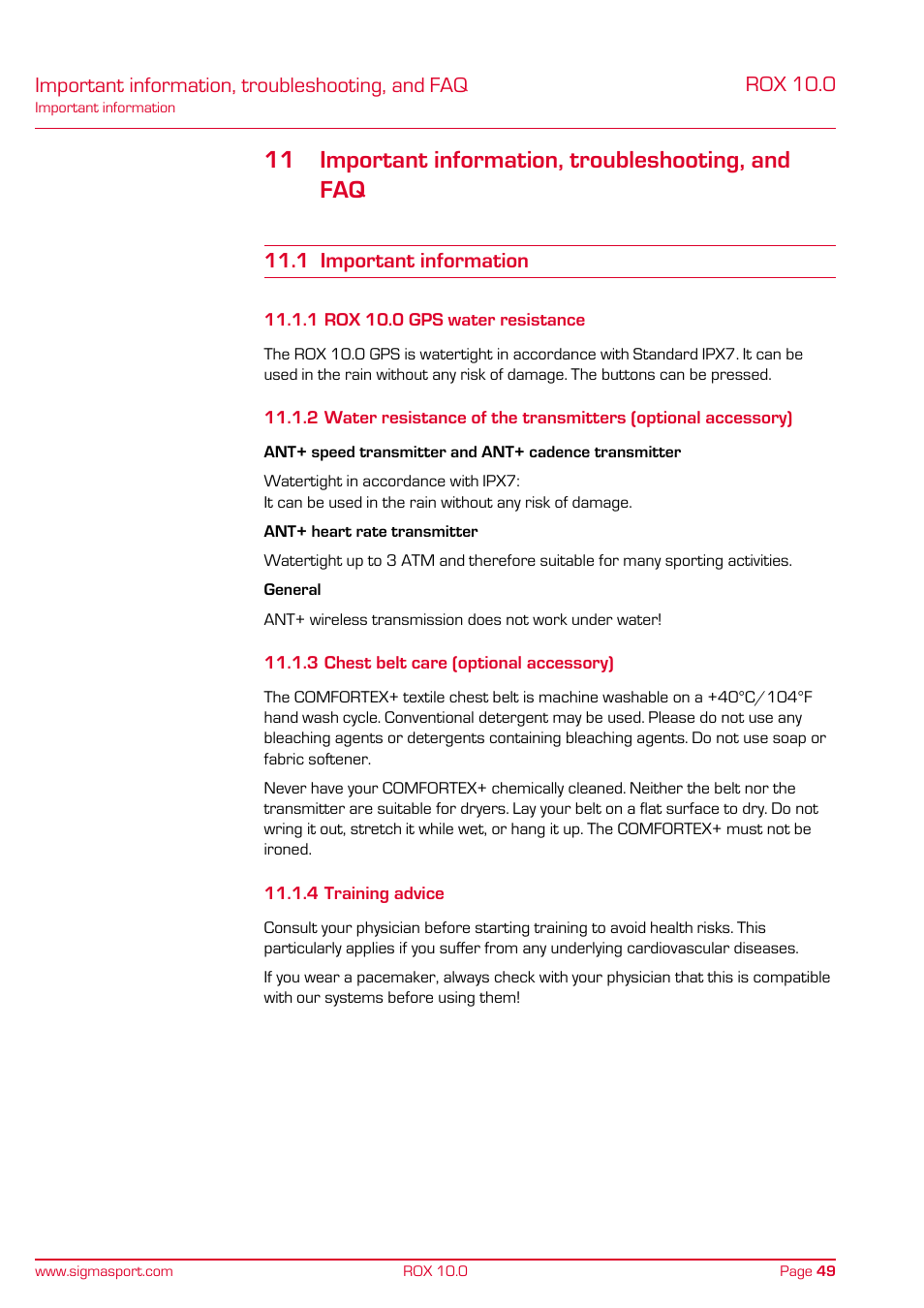 11 important information, troubleshooting, and faq, Important information, troubleshooting, and faq, Rox 10.0 | 1 important information | SIGMA ROX 10.0 GPS User Manual | Page 49 / 60