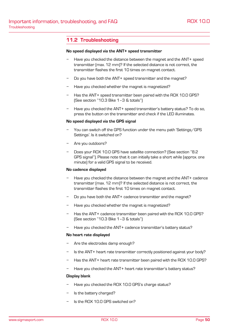 Important information, troubleshooting, and faq | SIGMA ROX 10.0 GPS User Manual | Page 50 / 60