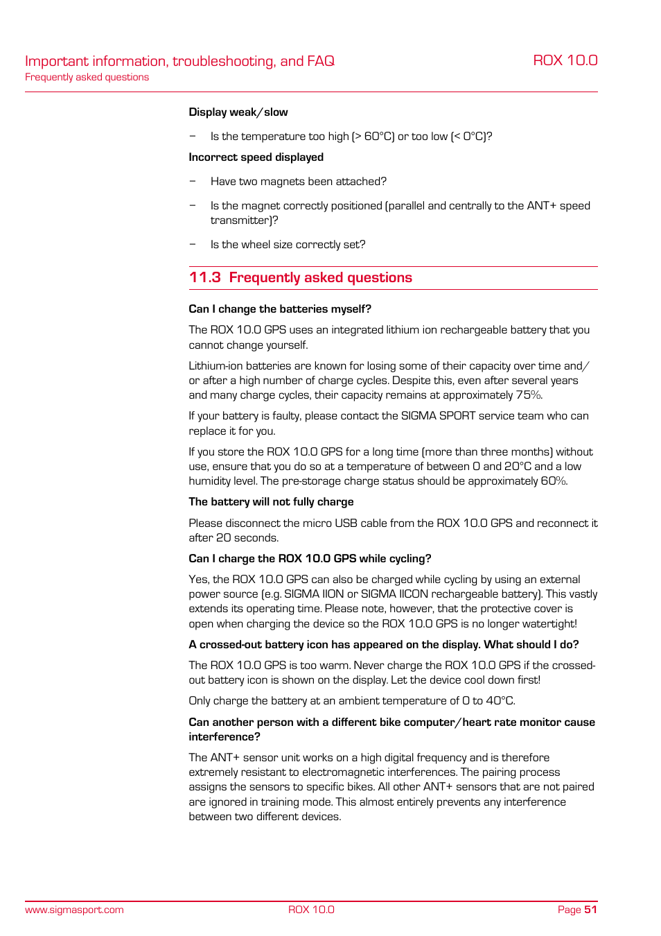 Important information, troubleshooting, and faq, Rox 10.0, 3 frequently asked questions | SIGMA ROX 10.0 GPS User Manual | Page 51 / 60