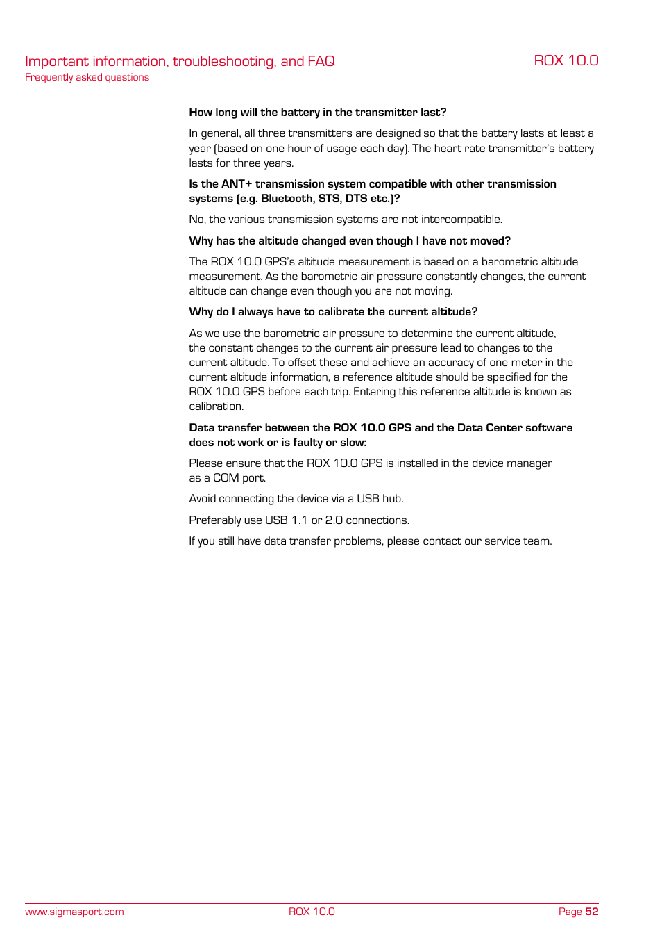 Important information, troubleshooting, and faq, Rox 10.0 | SIGMA ROX 10.0 GPS User Manual | Page 52 / 60
