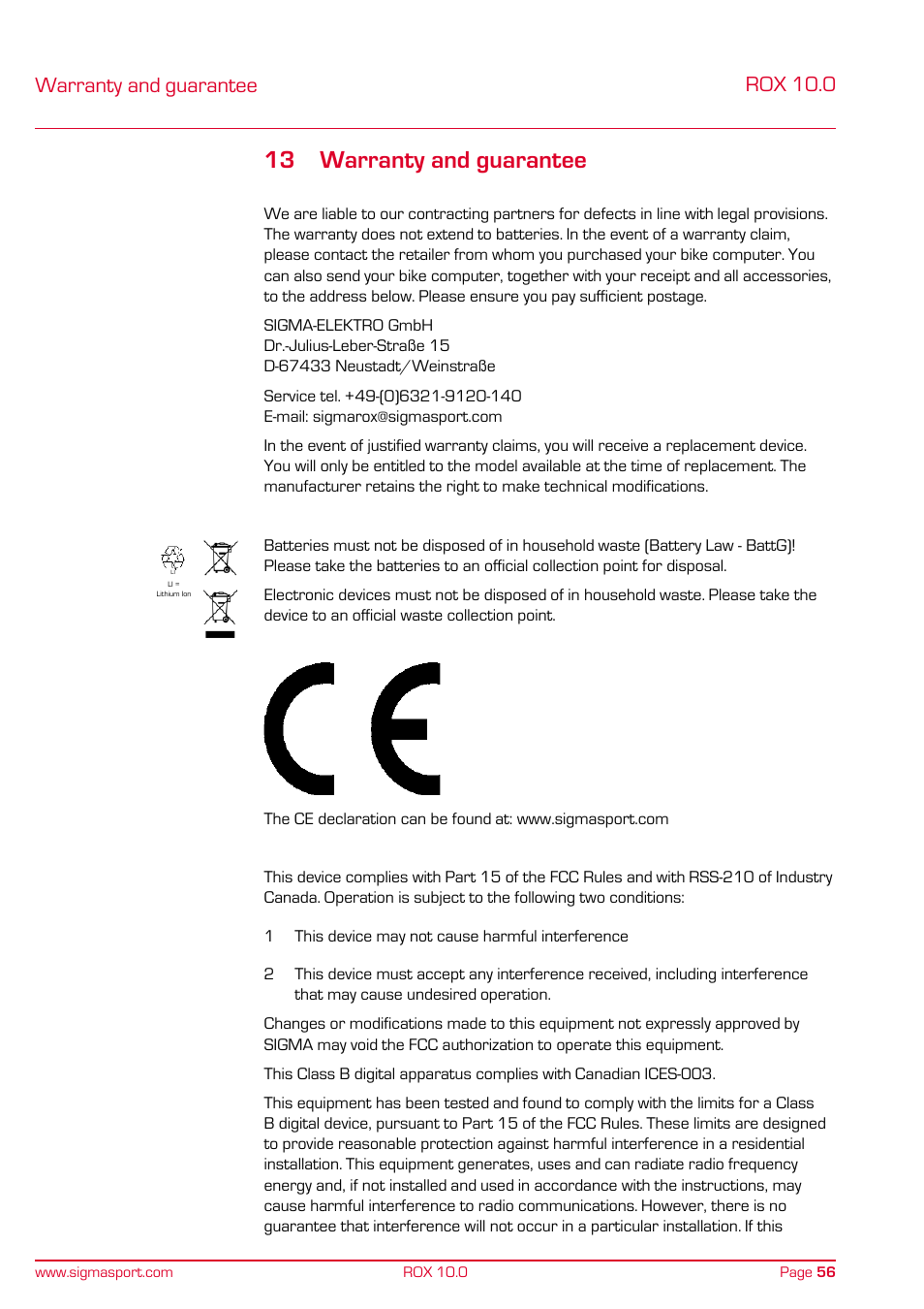 13 warranty and guarantee, Warranty and guarantee, Rox 10.0 | SIGMA ROX 10.0 GPS User Manual | Page 56 / 60