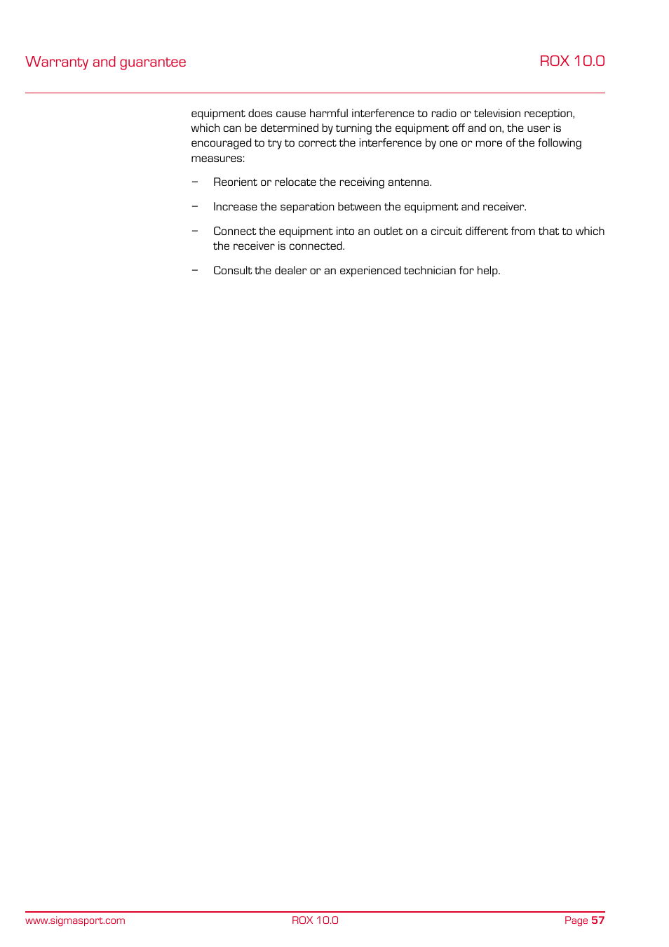 Warranty and guarantee, Rox 10.0 | SIGMA ROX 10.0 GPS User Manual | Page 57 / 60
