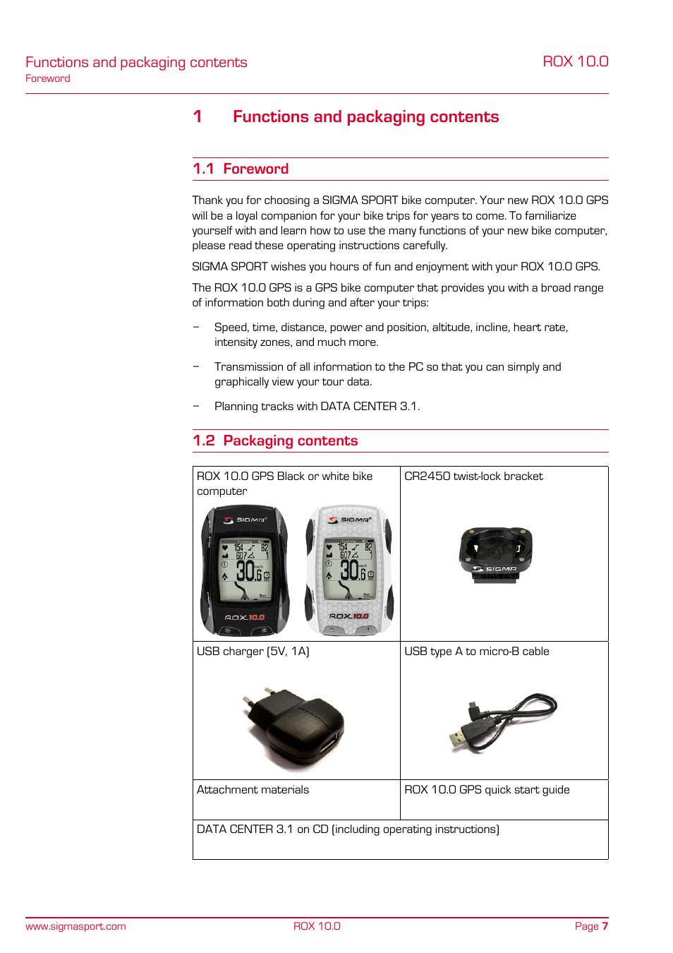 1functions and packaging contents, Functions and packaging contents, Rox 10.0 | 1 foreword, 2 packaging contents | SIGMA ROX 10.0 GPS User Manual | Page 7 / 60