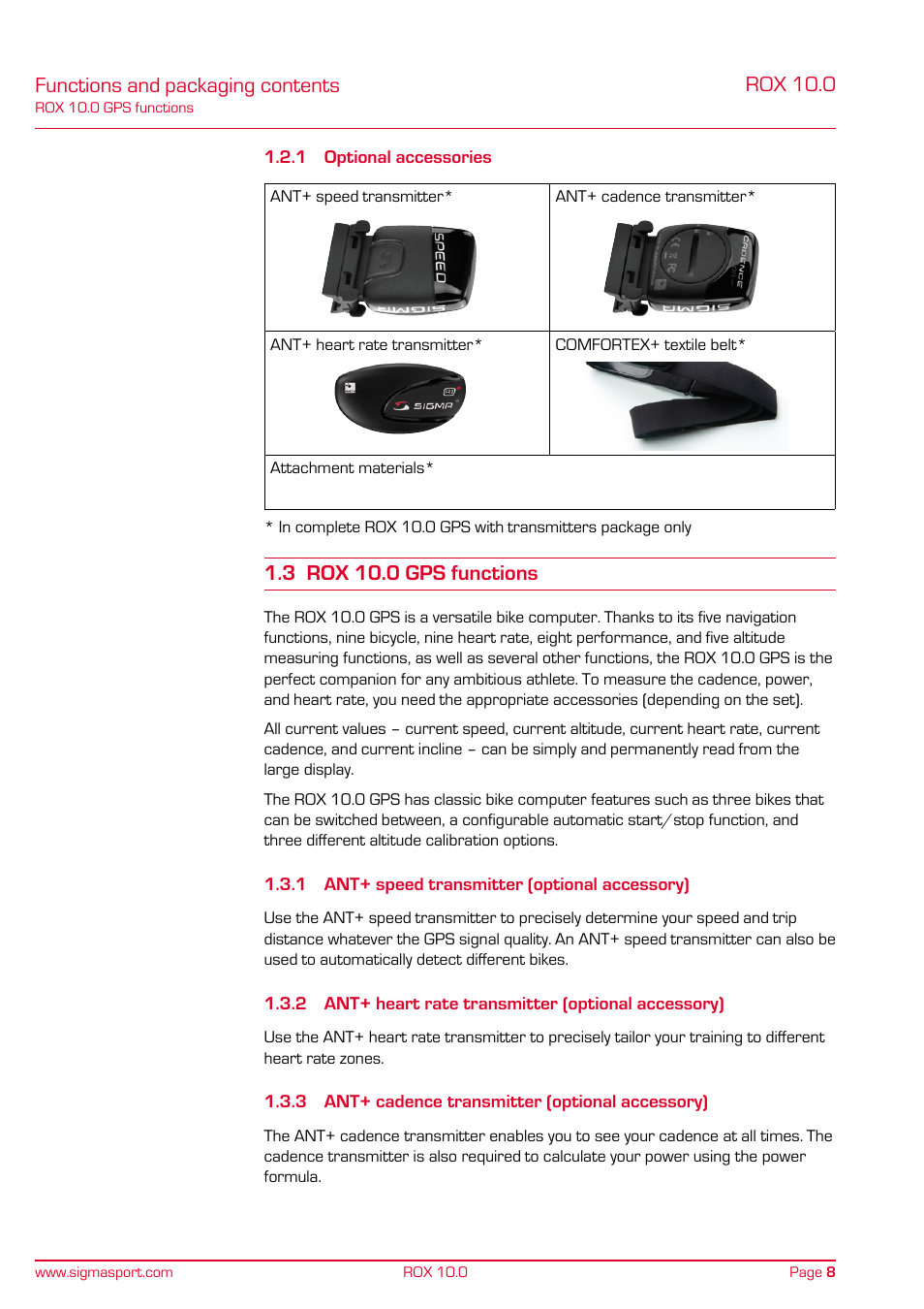 Functions and packaging contents, Rox 10.0, 3 rox 10.0 gps functions | SIGMA ROX 10.0 GPS User Manual | Page 8 / 60