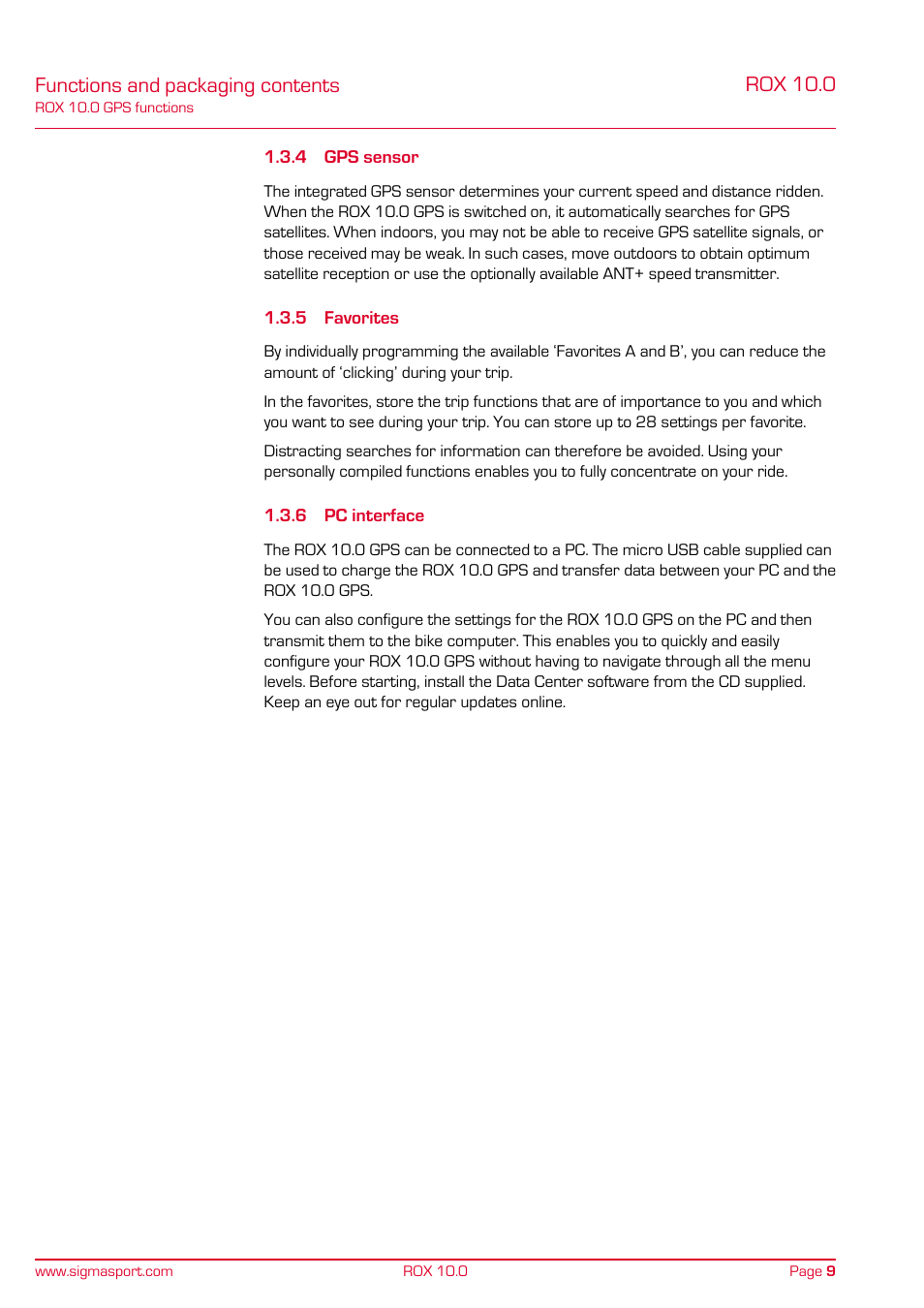 Functions and packaging contents, Rox 10.0 | SIGMA ROX 10.0 GPS User Manual | Page 9 / 60