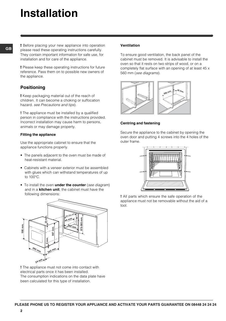 Installation, Positioning | Indesit IF 63 K.A IX User Manual | Page 2 / 12