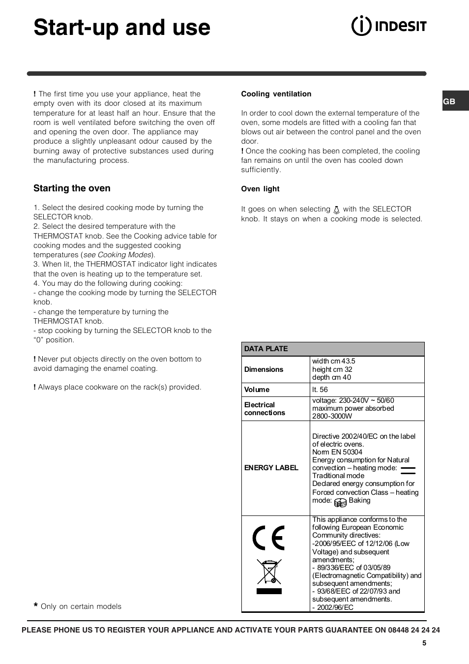 Start-up and use, Starting the oven | Indesit IF 63 K.A IX User Manual | Page 5 / 12