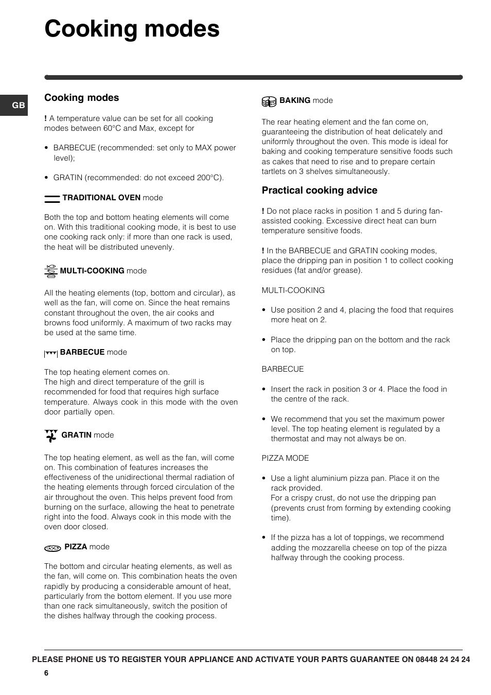 Cooking modes | Indesit IF 63 K.A IX User Manual | Page 6 / 12