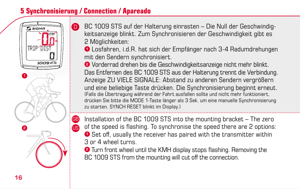 5 synchronisierung / connection / apareado | SIGMA BC 1009 STS User Manual | Page 16 / 100