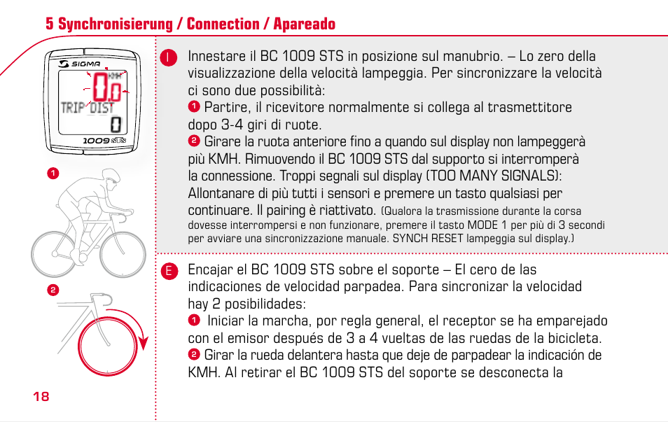 5 synchronisierung / connection / apareado | SIGMA BC 1009 STS User Manual | Page 18 / 100