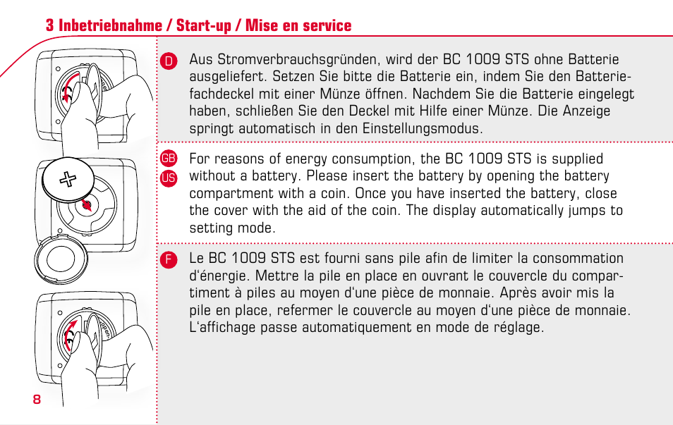 3 inbetriebnahme / start-up / mise en service | SIGMA BC 1009 STS User Manual | Page 8 / 100