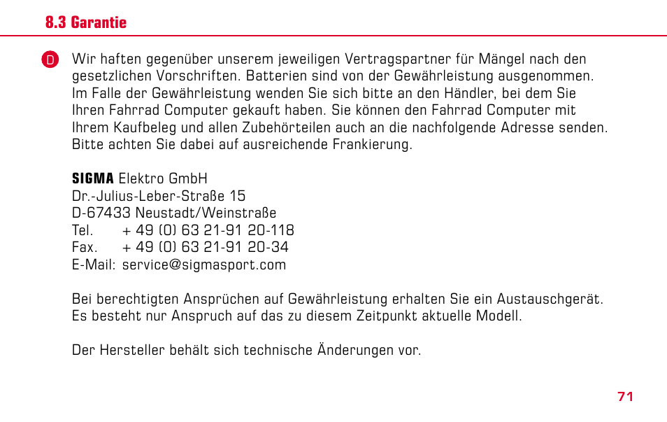 SIGMA BC 1609 STS User Manual | Page 71 / 120