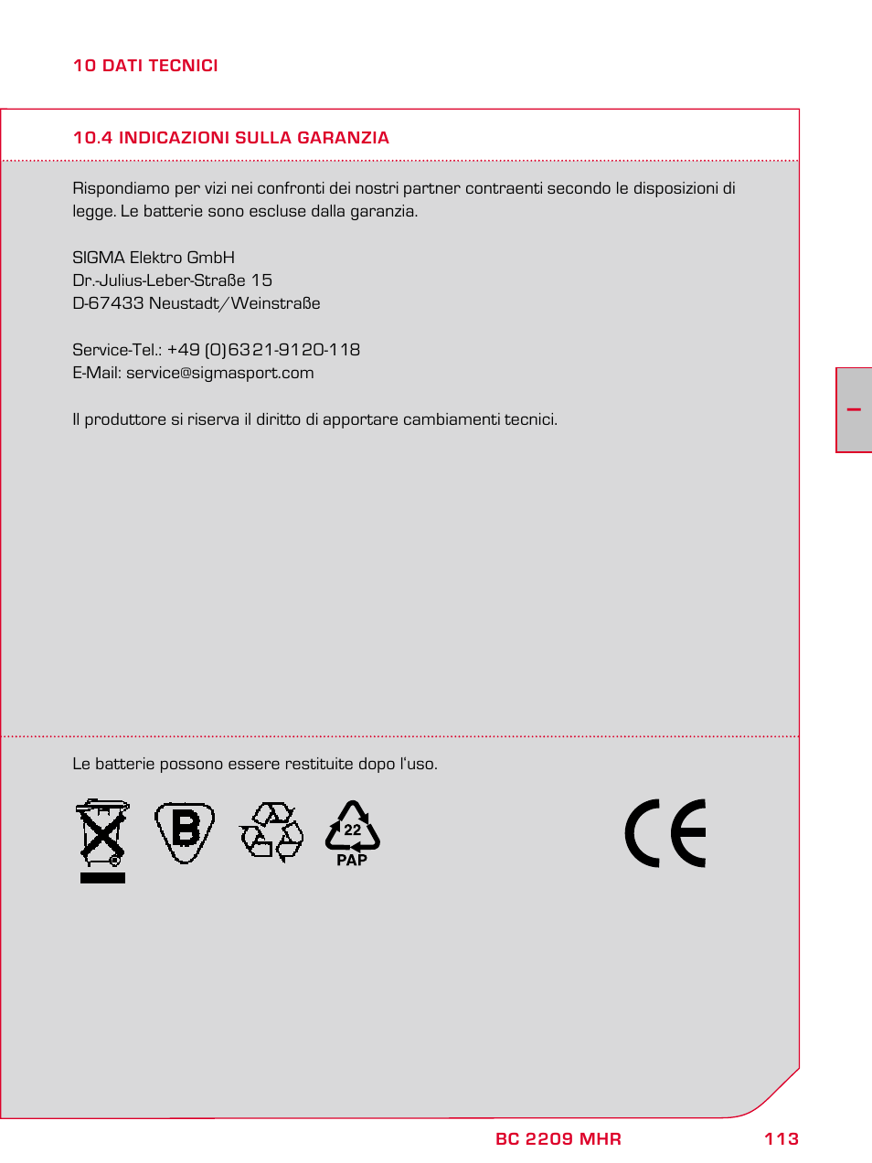 SIGMA BC 2209 TARGA User Manual | Page 113 / 284