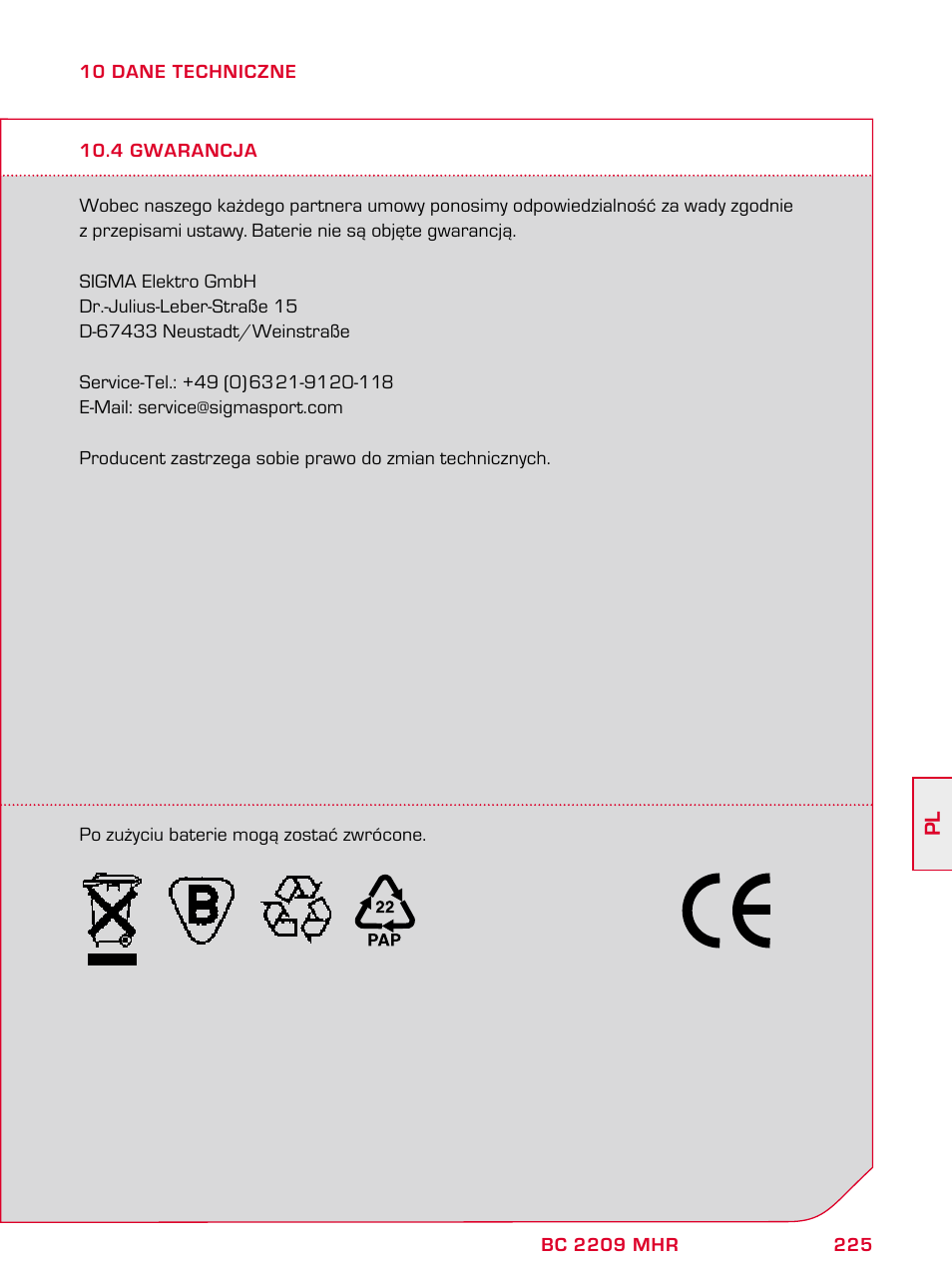 SIGMA BC 2209 TARGA User Manual | Page 225 / 284
