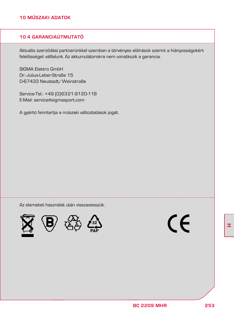 SIGMA BC 2209 TARGA User Manual | Page 253 / 284