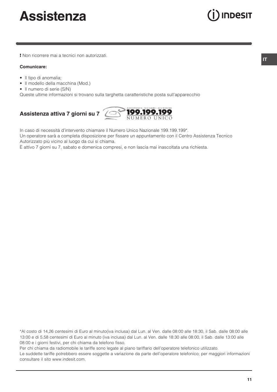 Assistenza | Indesit FIM 51 K.A IX User Manual | Page 11 / 72