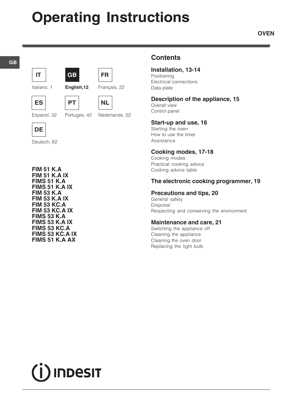 Indesit FIM 51 K.A IX User Manual | Page 12 / 72