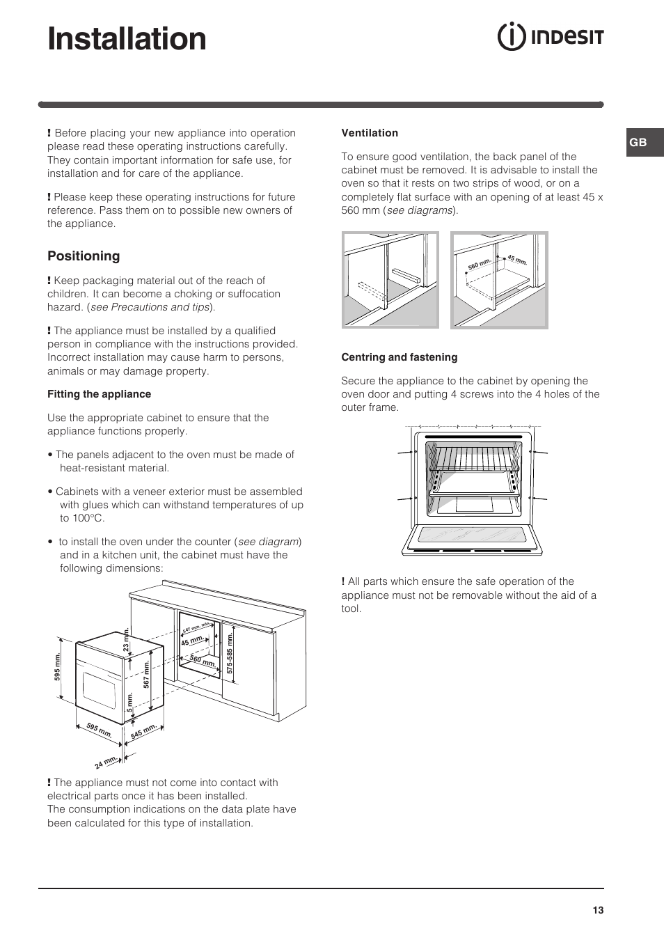 Installation, Positioning | Indesit FIM 51 K.A IX User Manual | Page 13 / 72