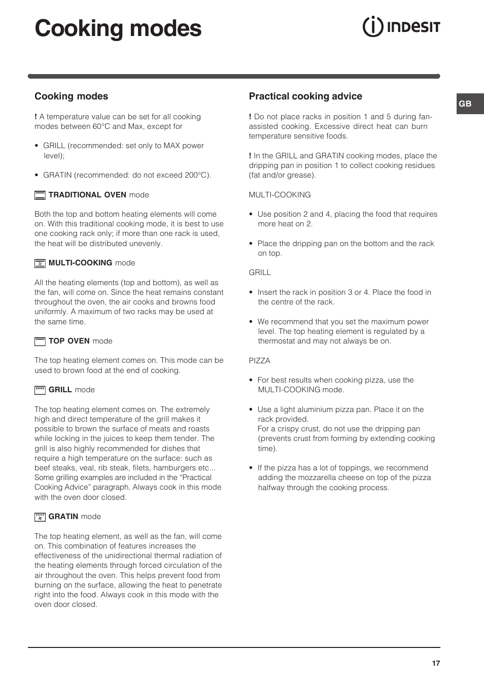 Cooking modes | Indesit FIM 51 K.A IX User Manual | Page 17 / 72