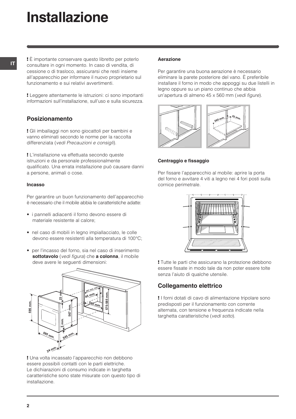 Installazione, Posizionamento, Collegamento elettrico | Indesit FIM 51 K.A IX User Manual | Page 2 / 72