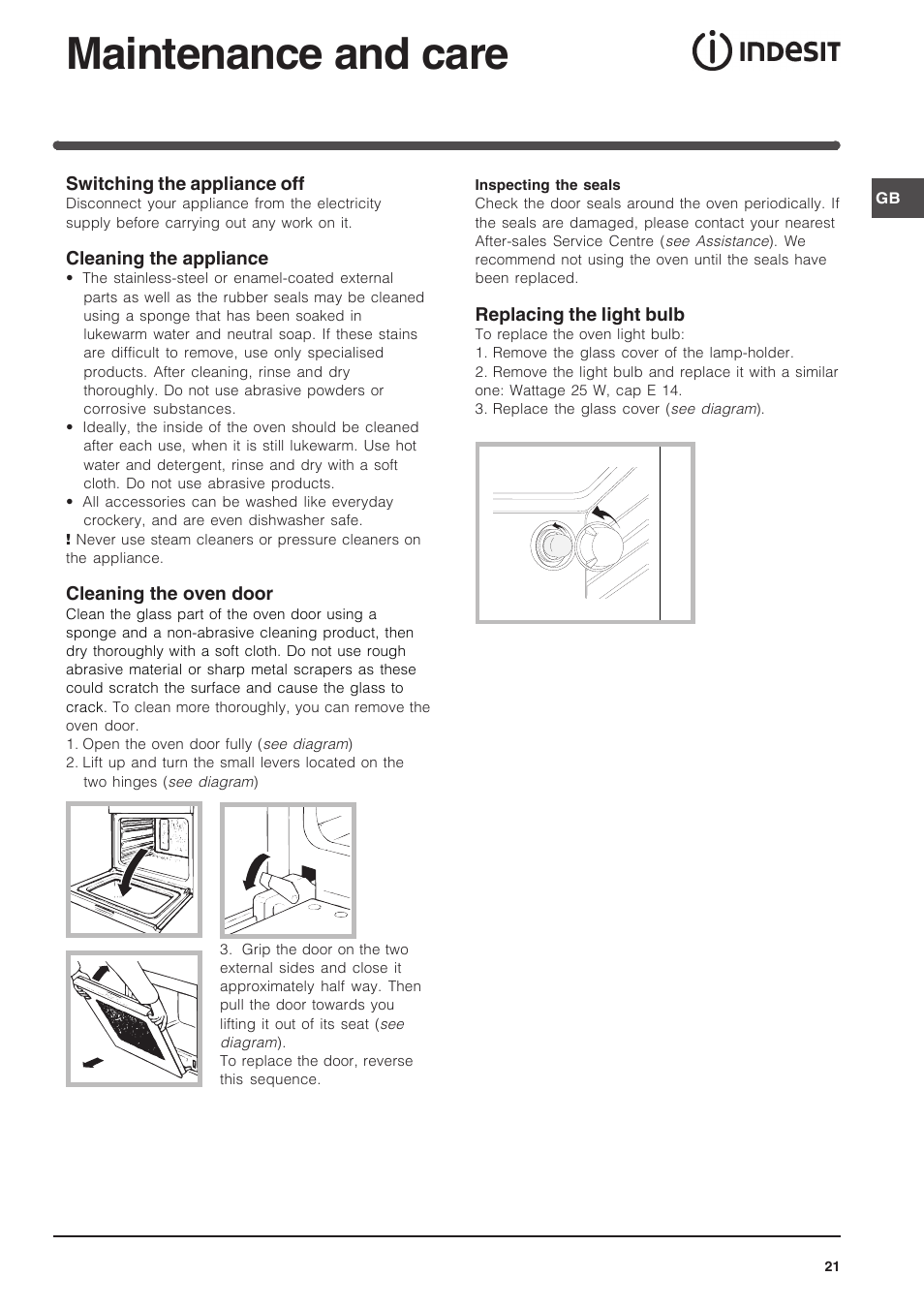 Maintenance and care | Indesit FIM 51 K.A IX User Manual | Page 21 / 72