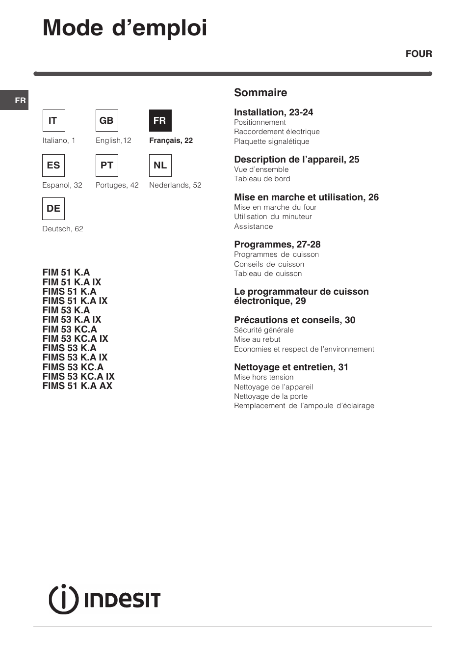 087703fr, Mode d’emploi, Sommaire | Indesit FIM 51 K.A IX User Manual | Page 22 / 72