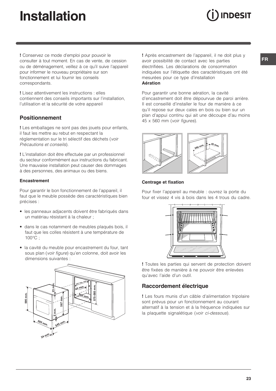 Installation, Positionnement, Raccordement électrique | Indesit FIM 51 K.A IX User Manual | Page 23 / 72