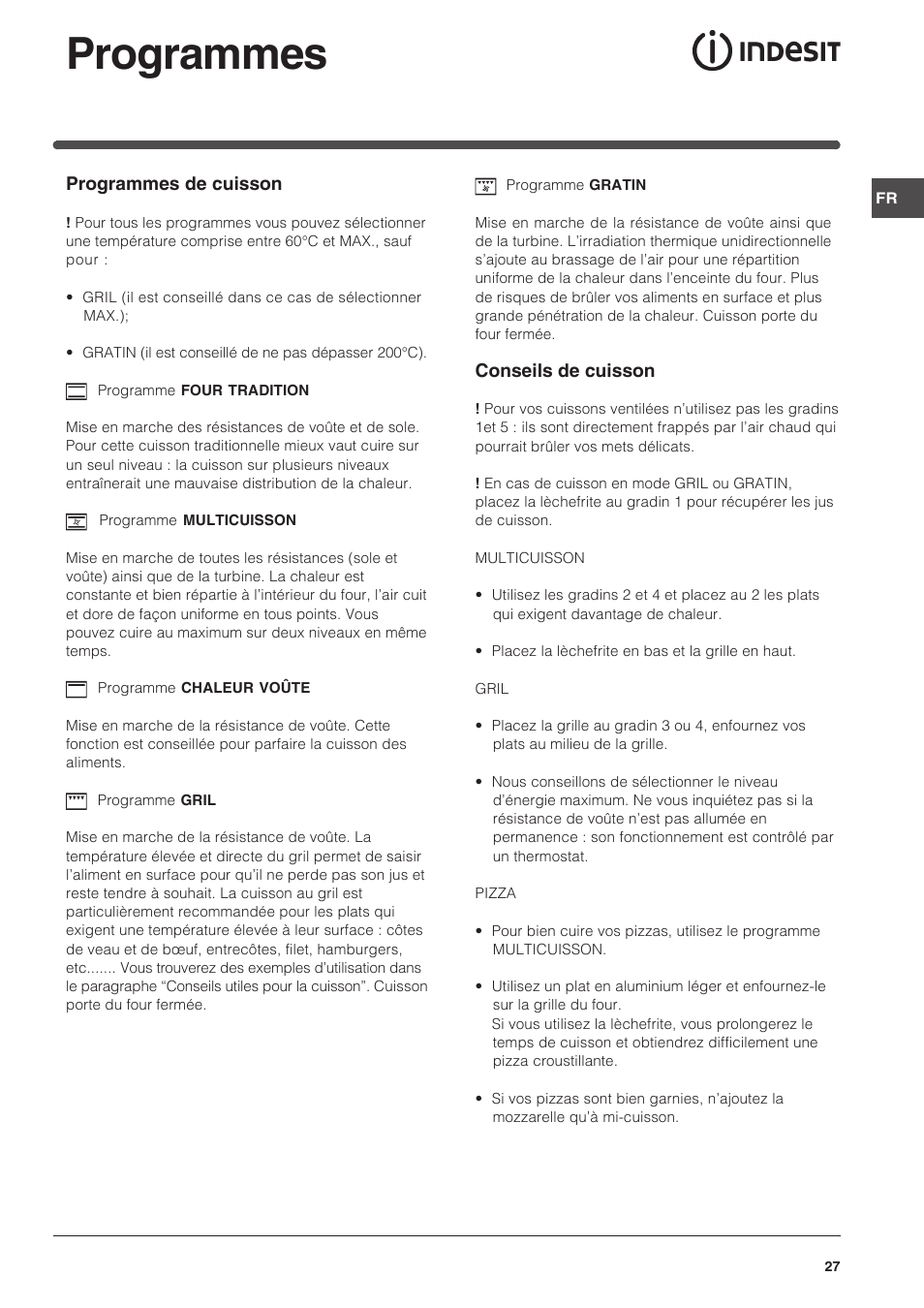 Programmes | Indesit FIM 51 K.A IX User Manual | Page 27 / 72