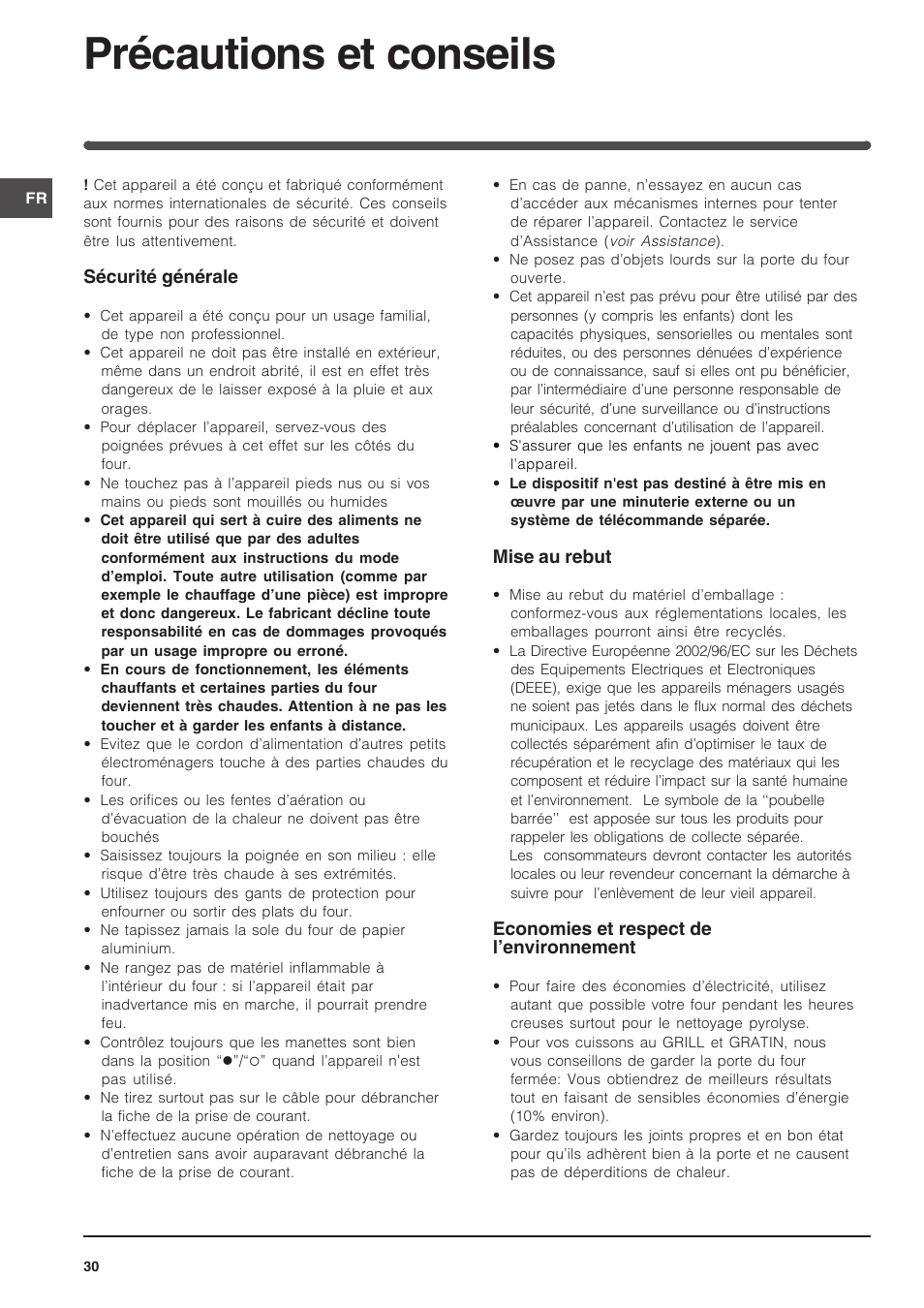 Précautions et conseils | Indesit FIM 51 K.A IX User Manual | Page 30 / 72
