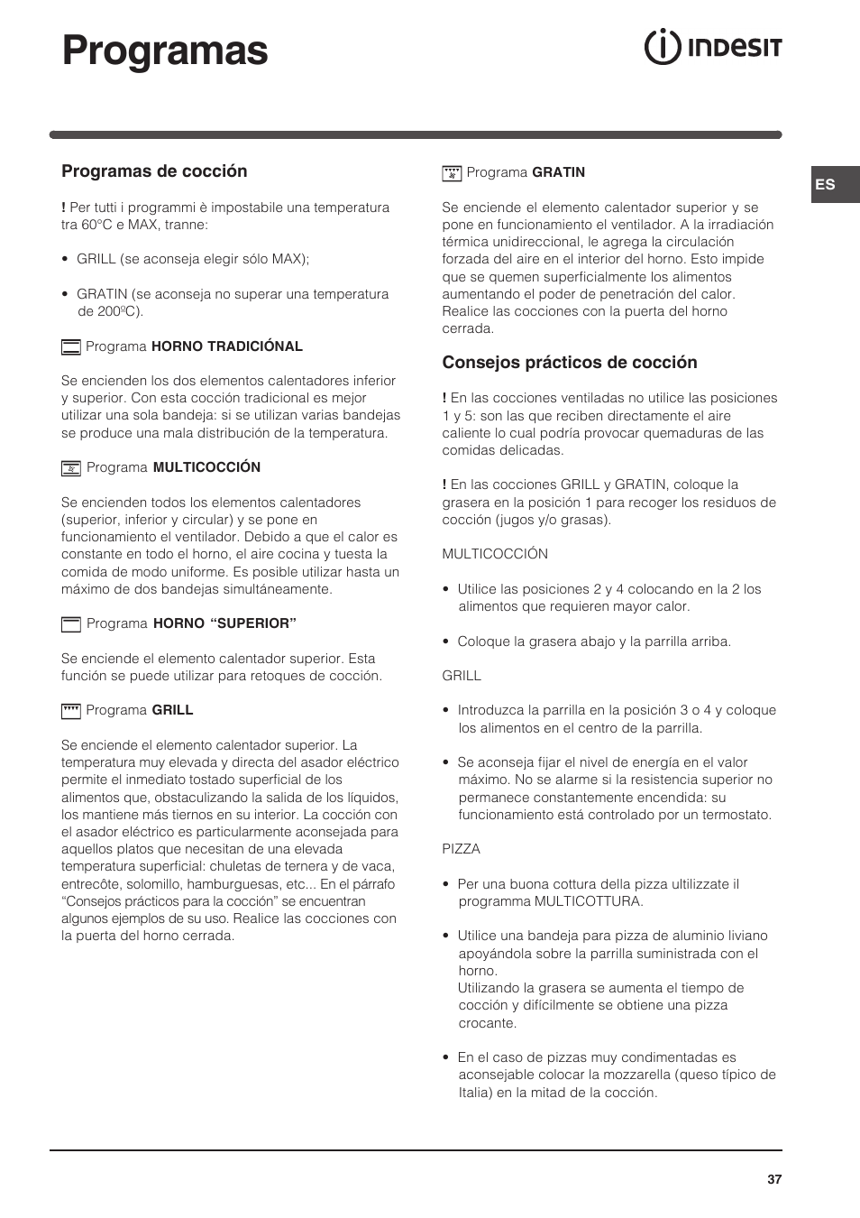 Programas | Indesit FIM 51 K.A IX User Manual | Page 37 / 72