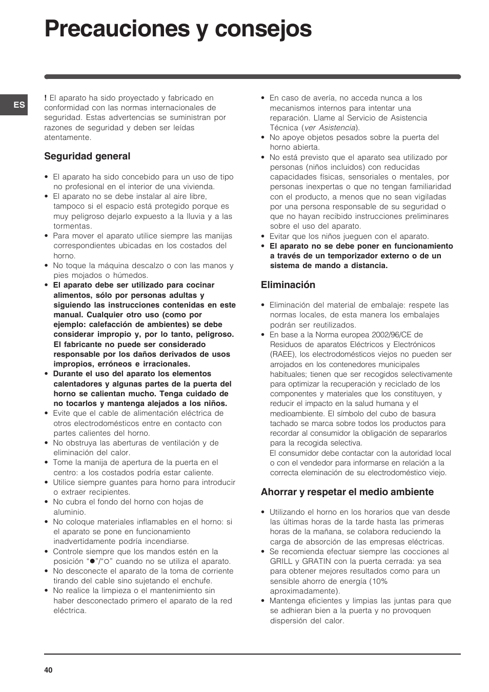 Precauciones y consejos | Indesit FIM 51 K.A IX User Manual | Page 40 / 72