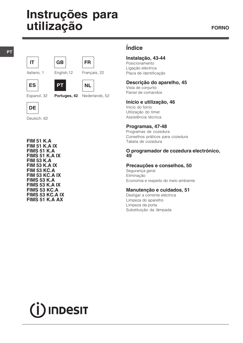 087703pt, Instruções para utilização | Indesit FIM 51 K.A IX User Manual | Page 42 / 72