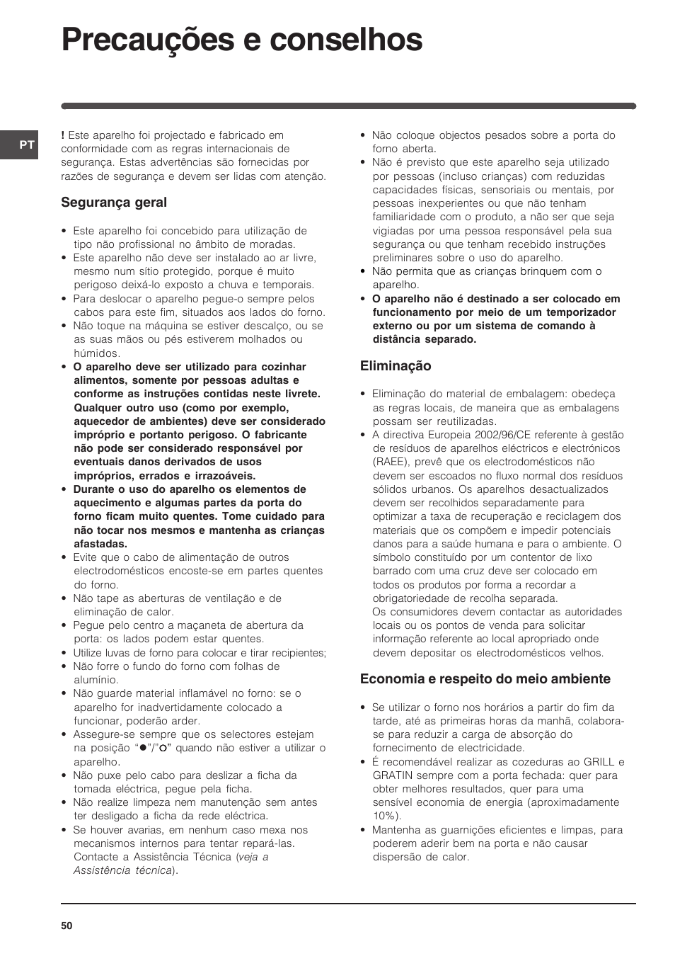 Precauções e conselhos, Segurança geral, Eliminação | Economia e respeito do meio ambiente | Indesit FIM 51 K.A IX User Manual | Page 50 / 72